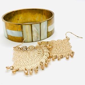 Vintage Brass Mother of Pearl Bracelet & Earrings